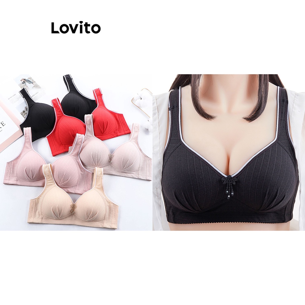 Lovito Women Casual Plain Contrast Binding Bralette Lna Apricot