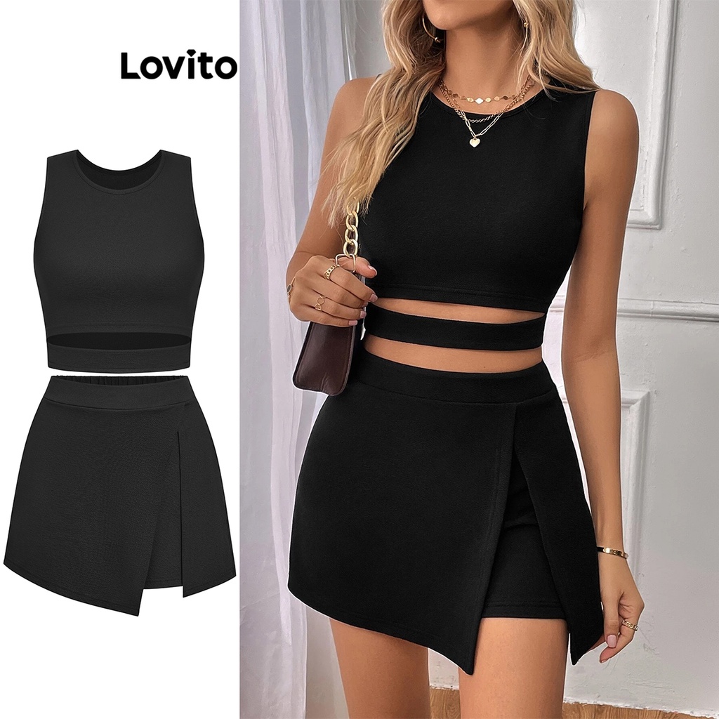 Lovito Women Casual Plain Fake 2 In 1 Shorts Sets L74ED037 Shopee