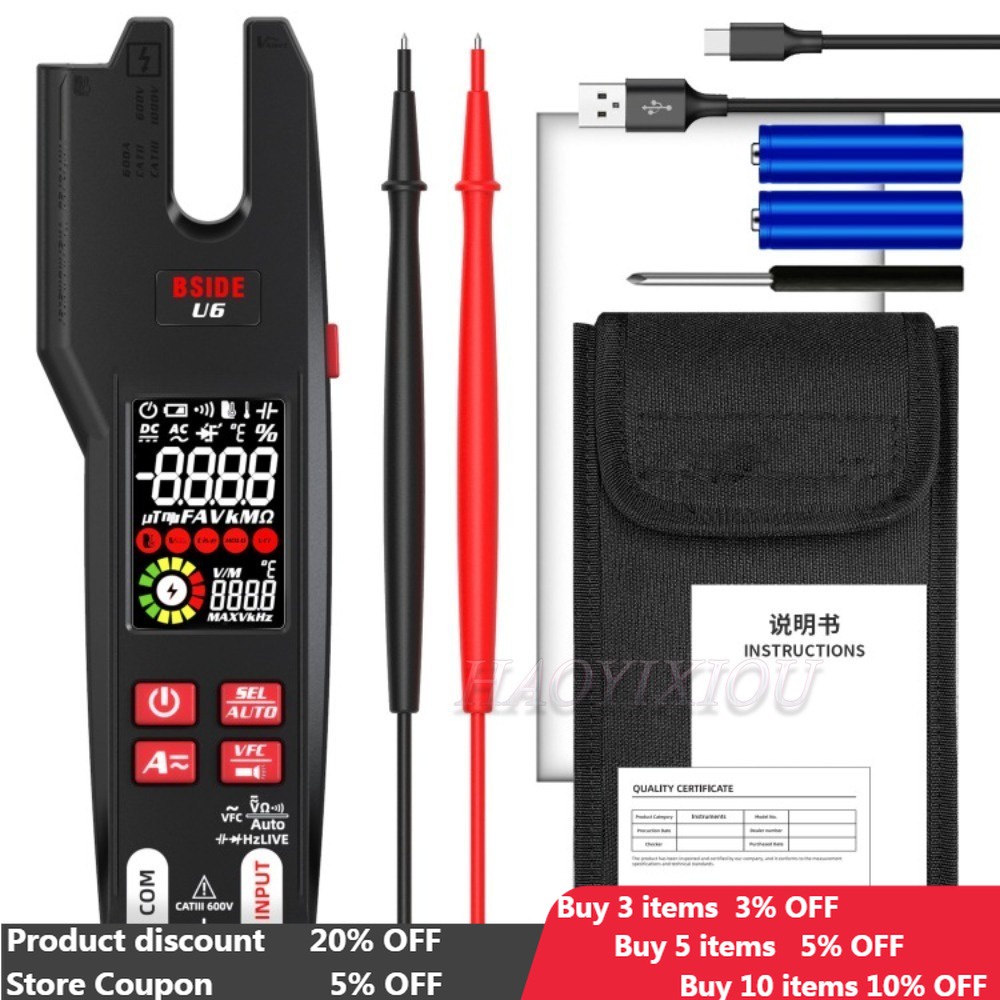 BSIDE U6 Professional Digital Clamp Meter 600A AC DC Pliers Ammeter Non