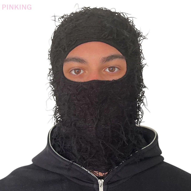 PINKING Balaclava Distressed Ski Mask Knitted Beanies Cap Winter Warm