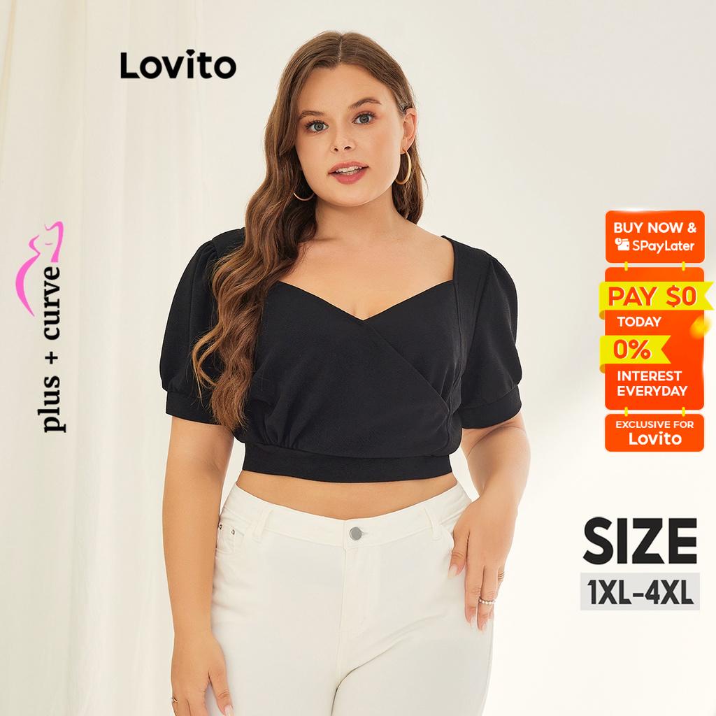 Lovito Plus Size Curve Casual Plain Wrap Puff Sleeve Sweetheart T Shirt