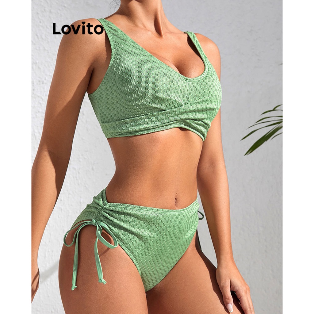 Lovito Women Sexy Plain Drawstring Bikini Sets LNL37132 Green