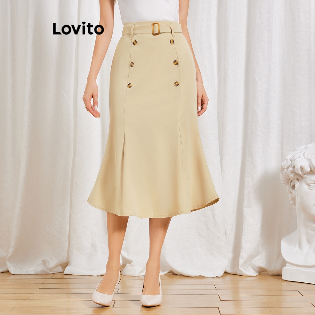 Lovito Women Elegant Plain Double Button Belted Skirts Lbl