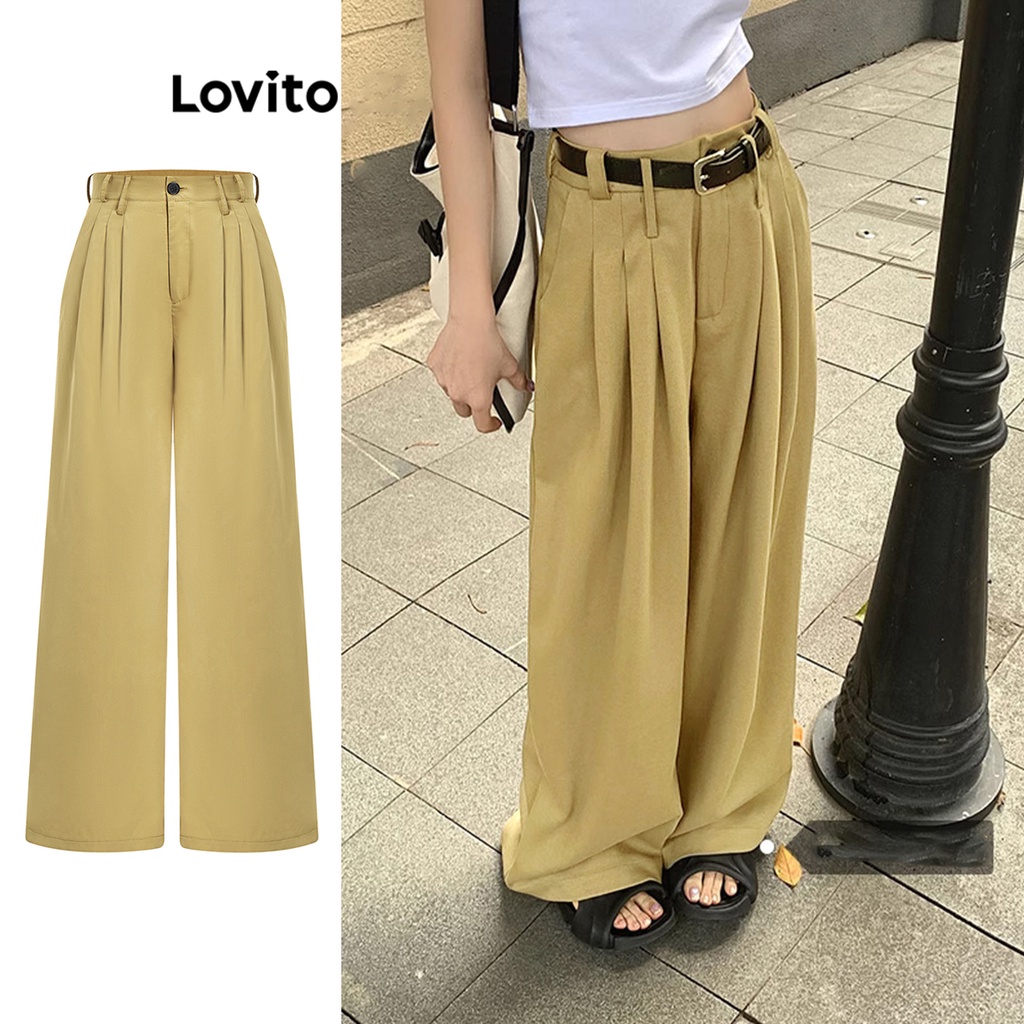 Lovito Women Pleated Pocket Multipurpose Basic Pants L61AD101 Khaki