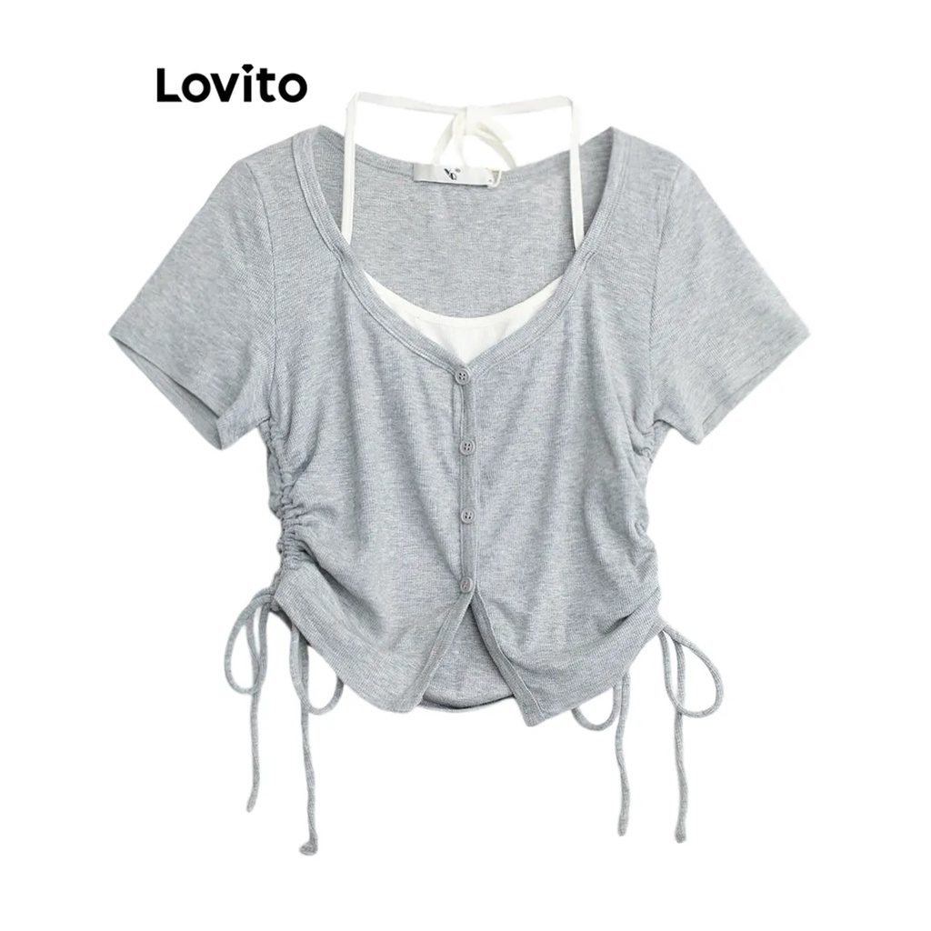 Lovito Women Casual Plain Fake In Drawstring Fabric Stitching T