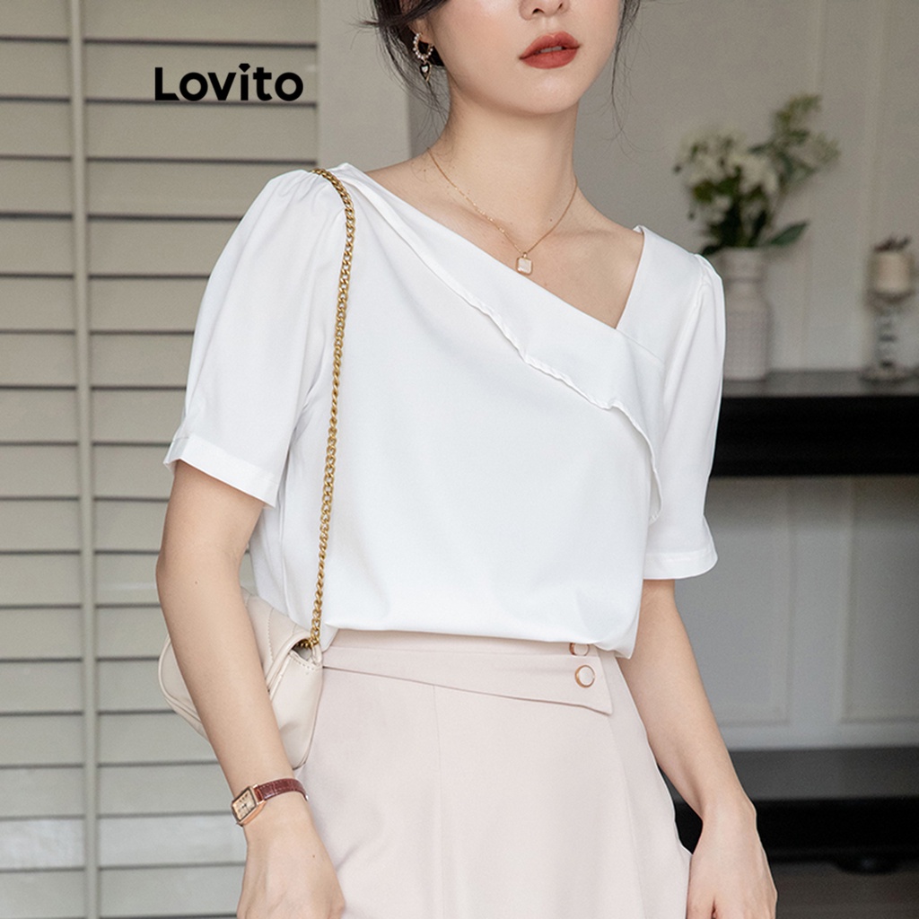 Lovito Women Elegant Plain Asymmetrical Ruffle Blouse LNA30065 White