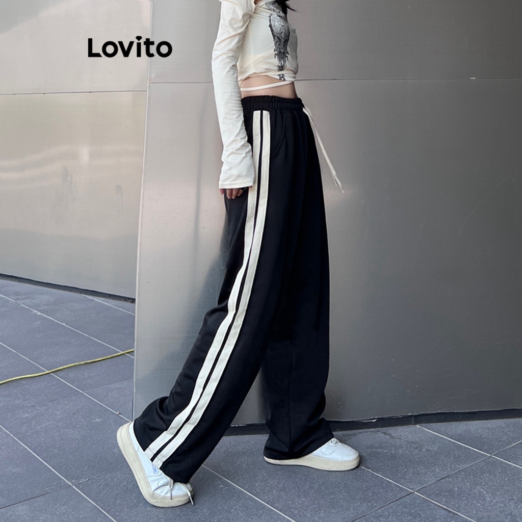 Lovito Women Casual Plain Contrast Binding Lace Up Pants Lne