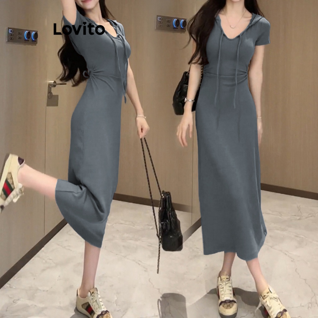 Lovito Casual Plain Backless V Neck Dress For Women LNE16223 Shopee