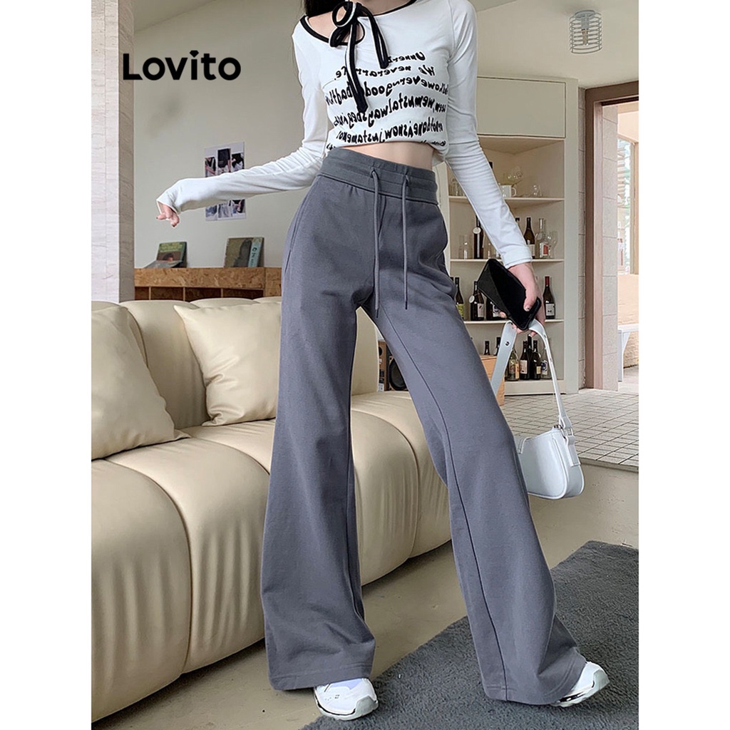 Lovito Women Casual Plain Drawstring Pants LNA26282 Dark Grey