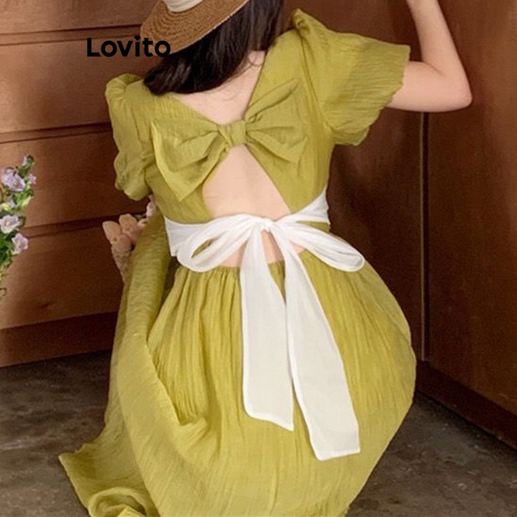 Lovito Women Casual Plain Bow Cut Out Tie Back Dress LNA30200 Shopee