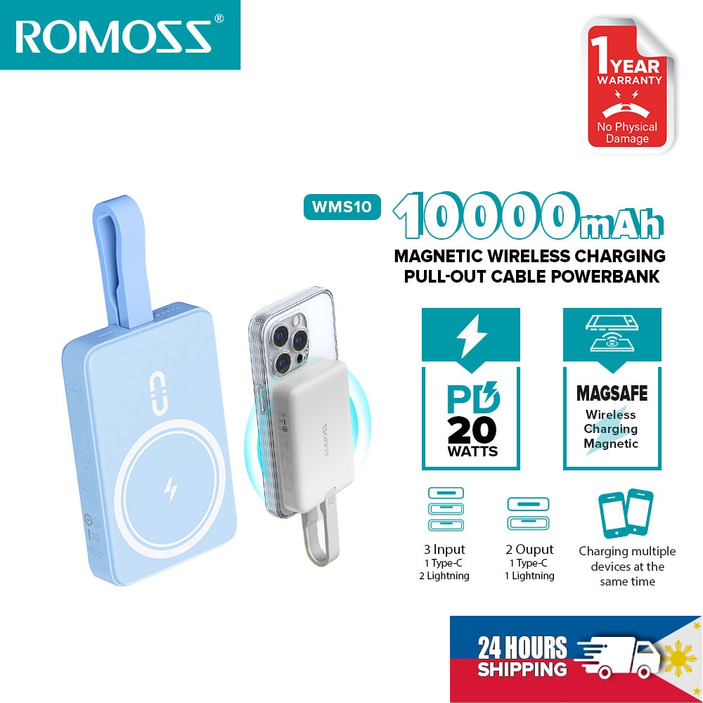 Romoss WMS10 10000mAh 15W Wireless Powerbank With Built In Cable Type C