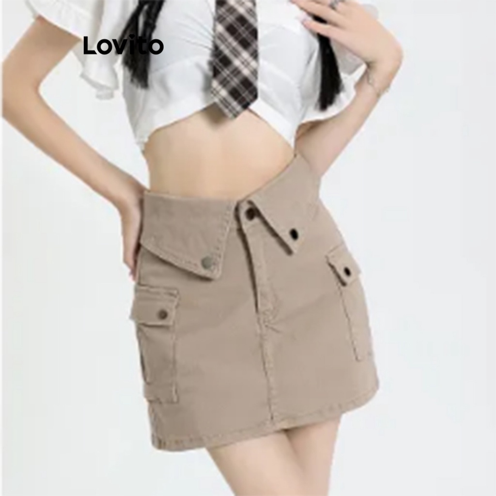 Lovito Women Casual Plain Pocket Zipper Skirts Lne Coffee