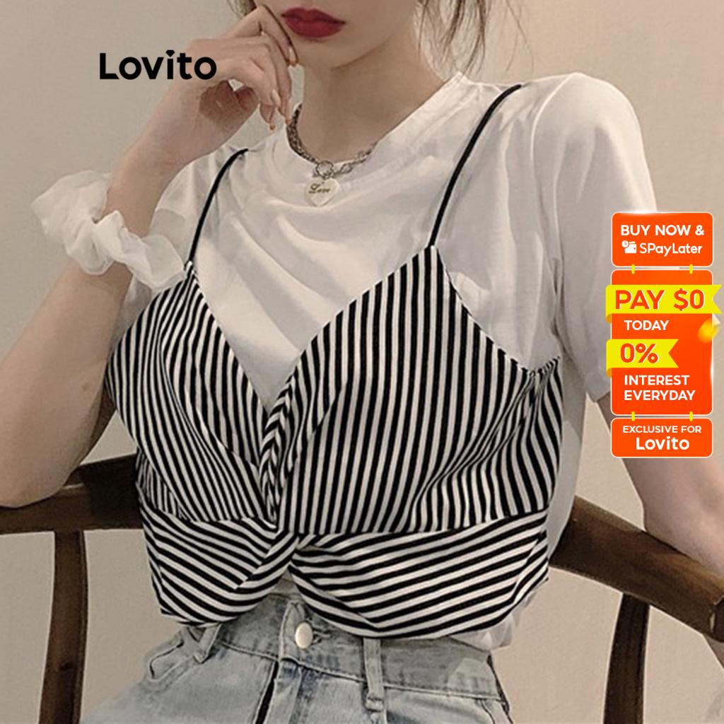 Lovito Casual Striped Colorblock Twist Round Neck Short Sleeves T