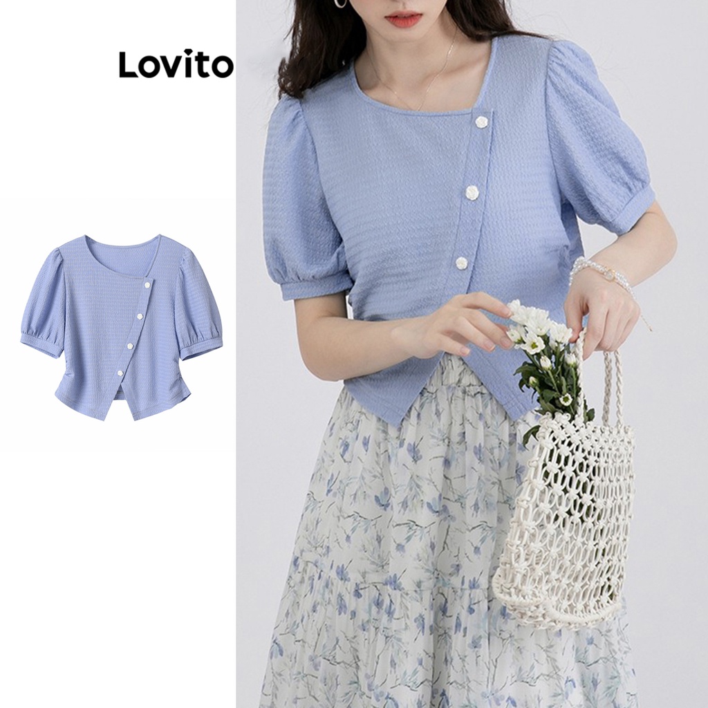 Lovito Women Casual Plain Button Jacquard Asymmetrical Blouse L Ed