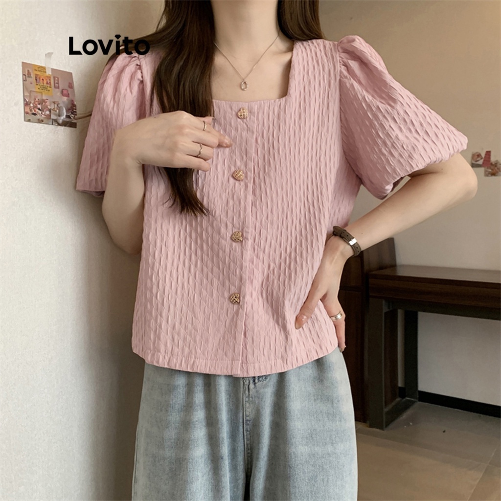 Lovito Casual Plain Round Neck Puff Sleeve Blouse For Women LNA14231