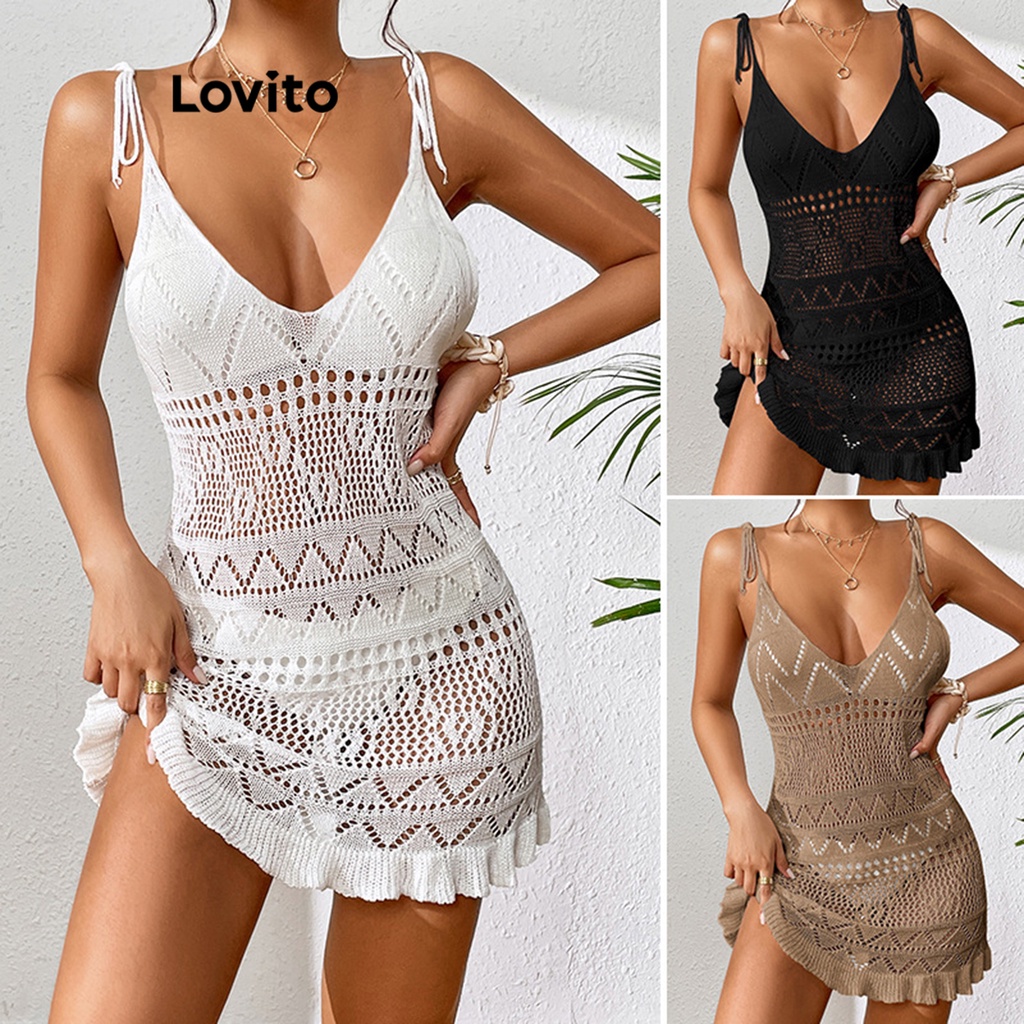 Lovito Women Boho Plain Lace Up Backless Ruffle Hem Kimono LNL42131