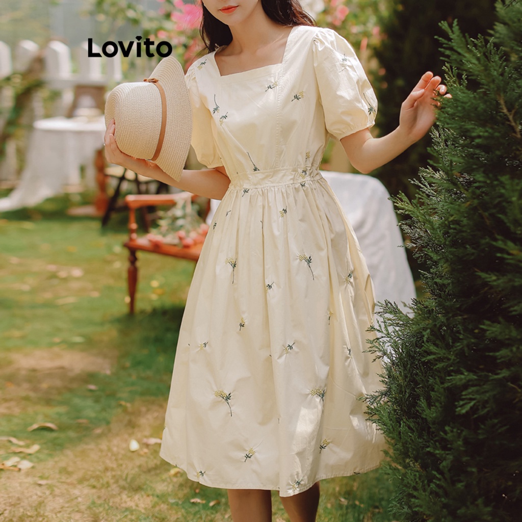 Lovito Women Lace Up Eyelet Embroidery Square Neck Puff Sleeve Dress