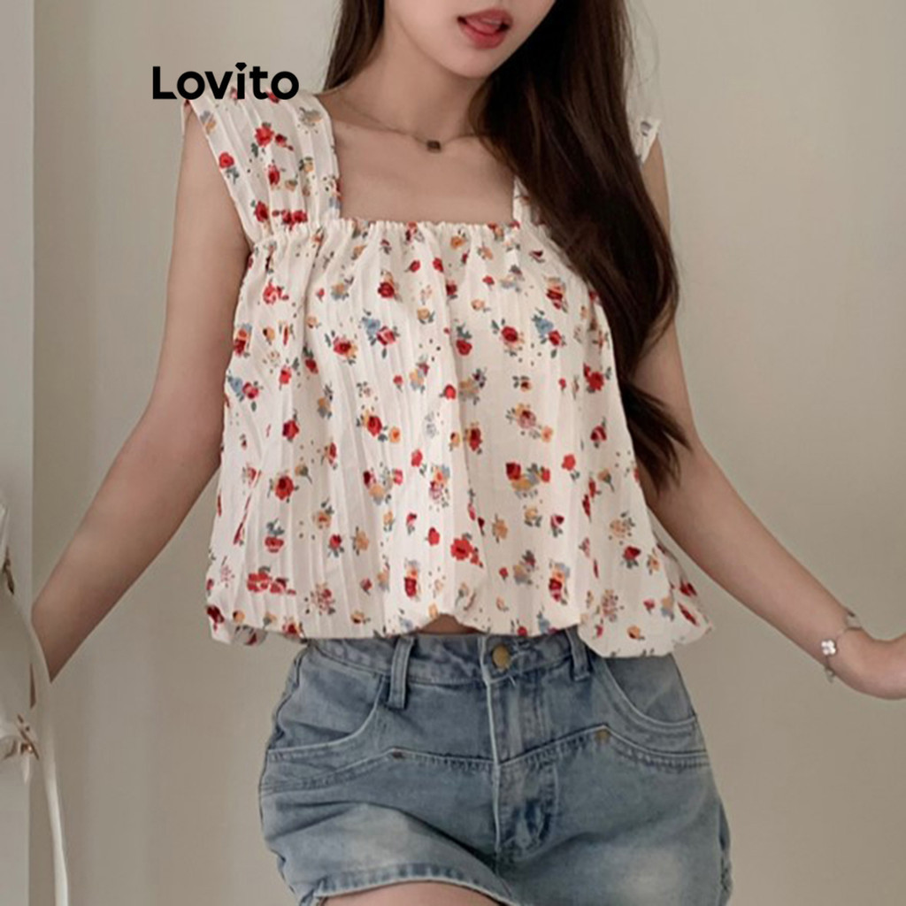 Lovito Women Casual Ditsy Floral Pattern Plicated Blouse LNE46459