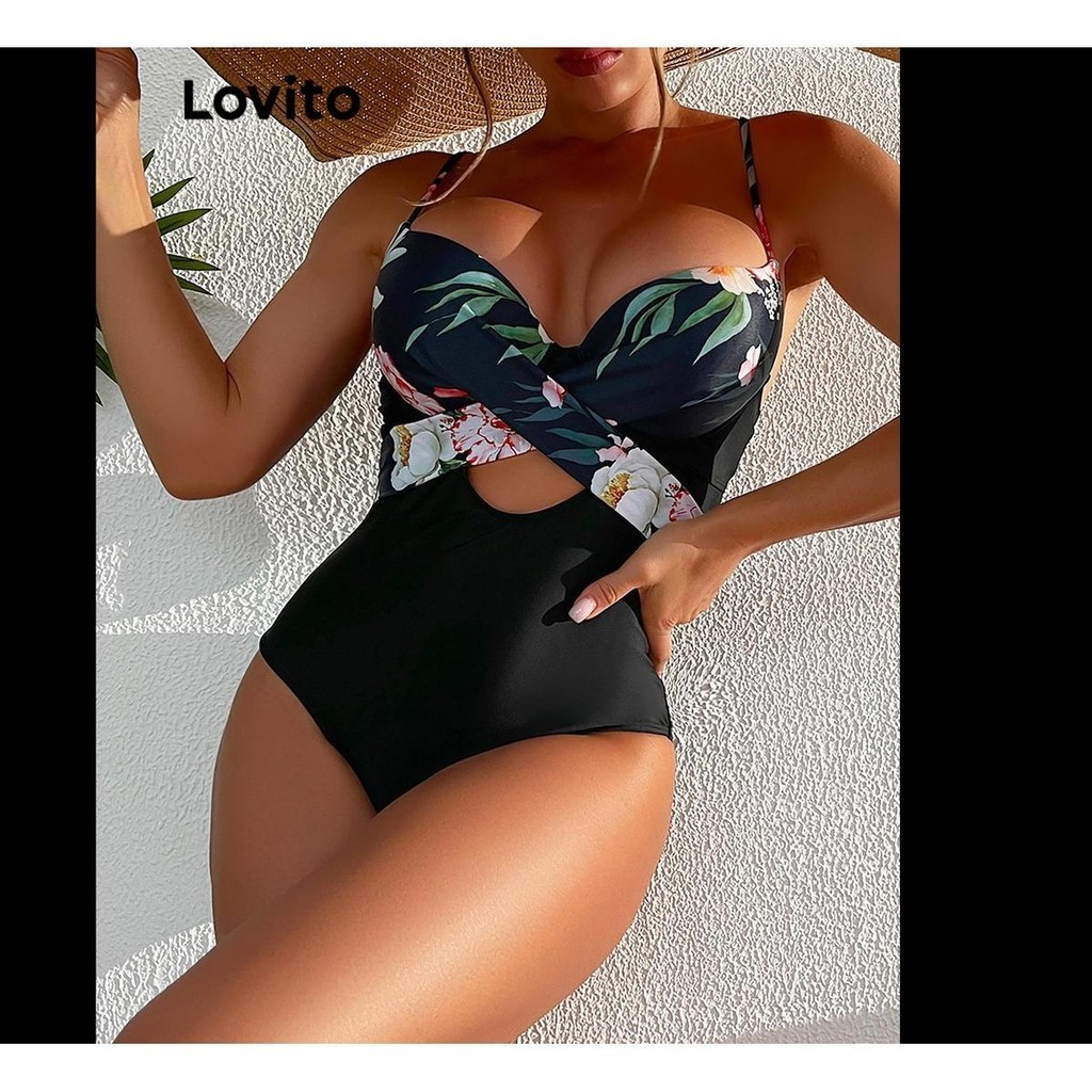 Lovito Women Sexy Plants Cut Out Lace Up Backless One Pieces Lnl