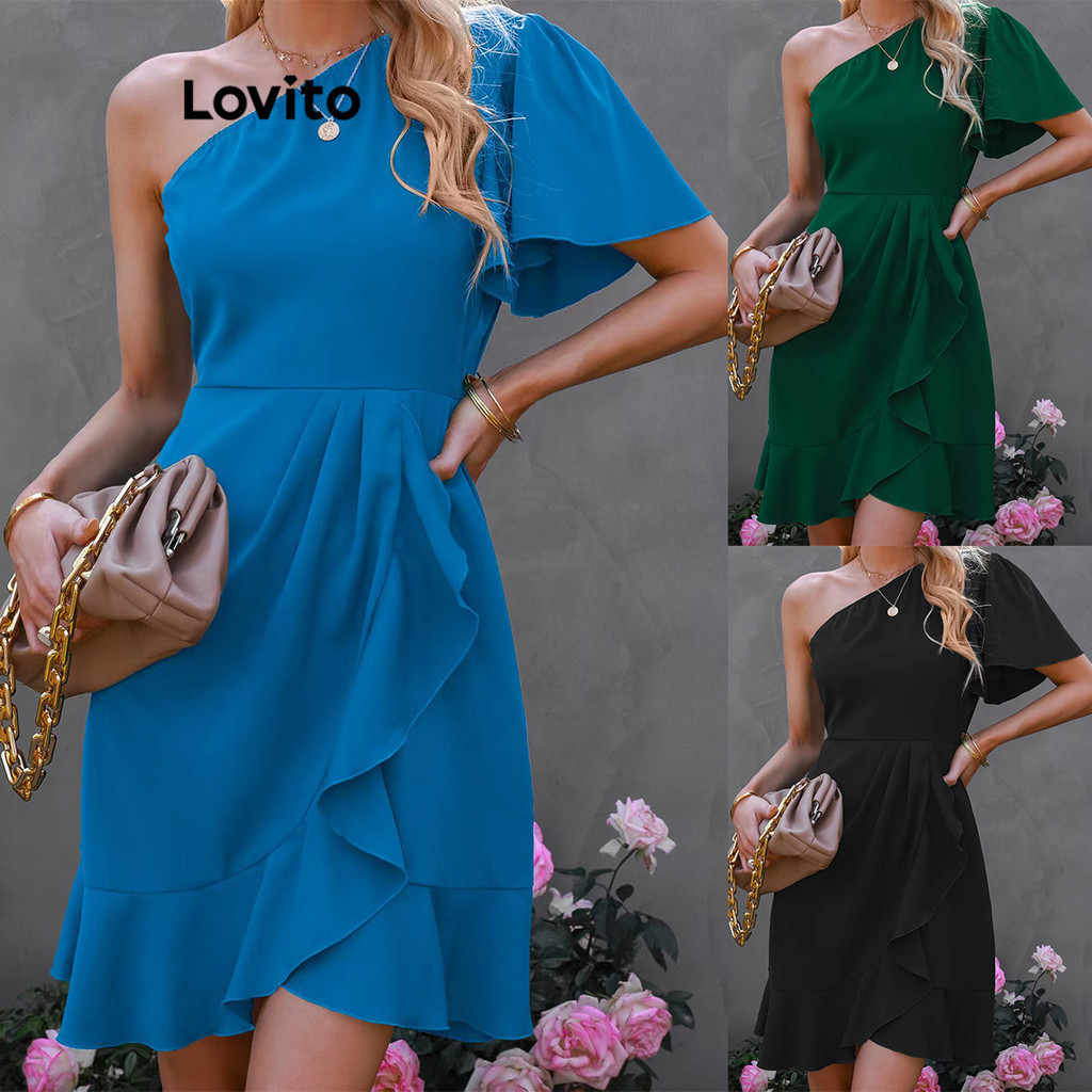 Lovito Women Elegant Plain Asymmetrical Ruffle Pleated Dress Lnl