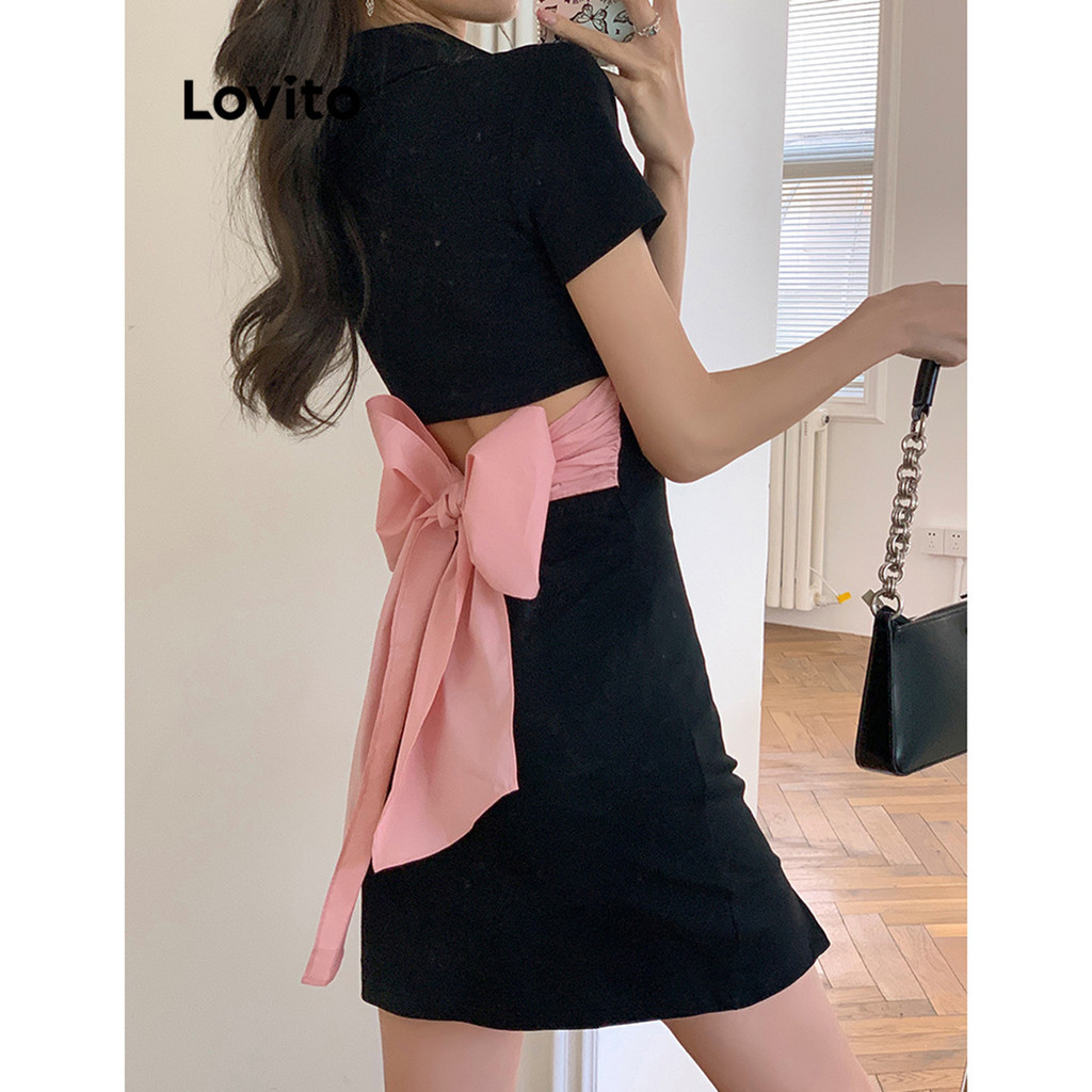 Lovito Women Casual Patchwork Bow Colorblock Dress LNA30197 Black