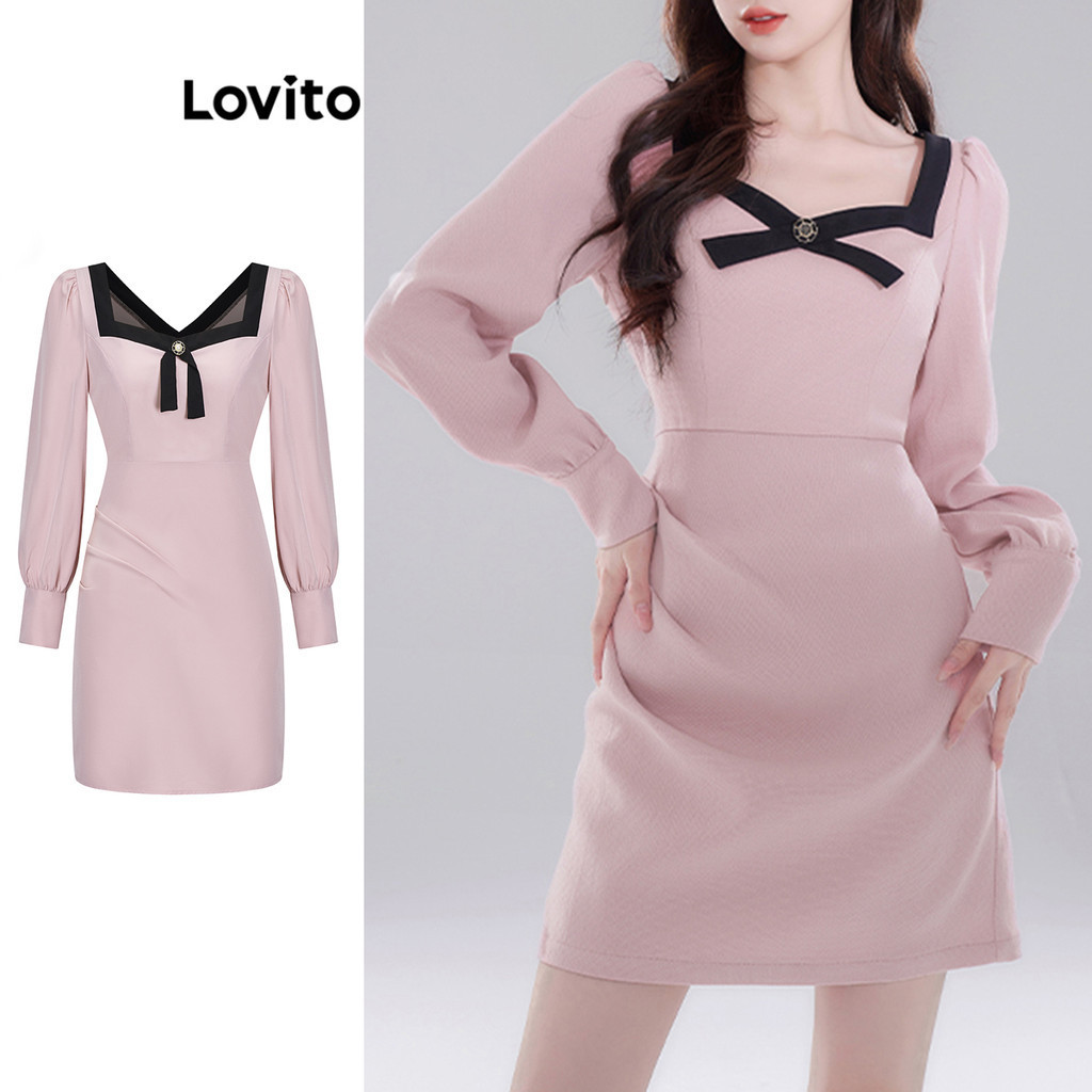 Lovito Women Casual Plain Colorblock Button Dress L70AD104 Pink