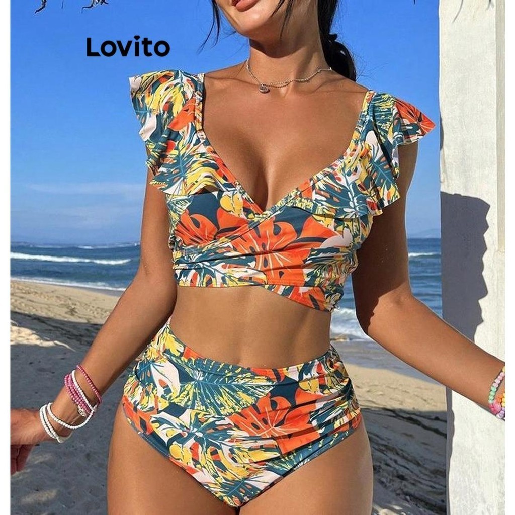 Lovito Women Sexy Ditsy Floral Ruffle Bikini Set Lnl Shopee