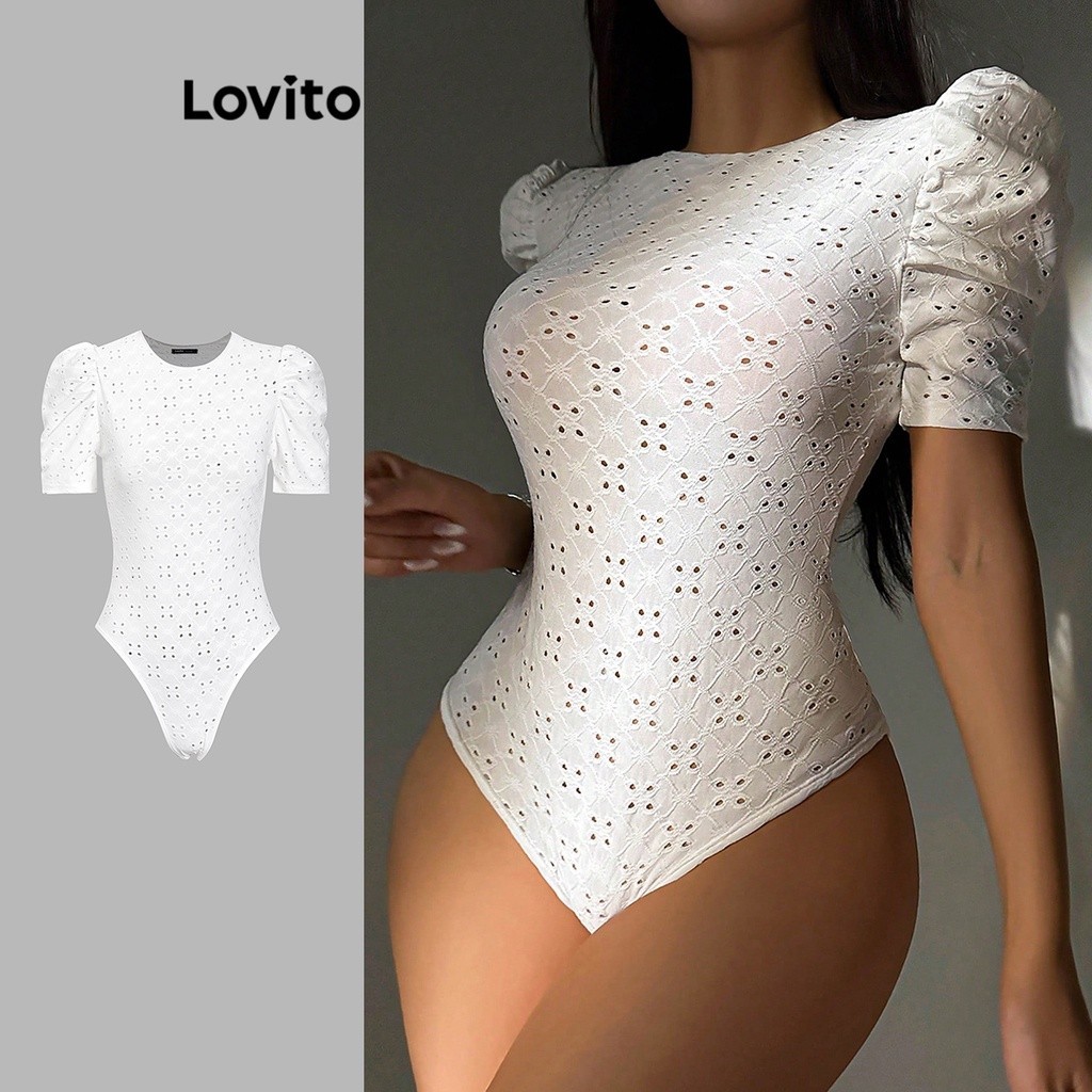 Lovito Casual Plain Eyelet Embroidery Bodysuit For Women L74ED267