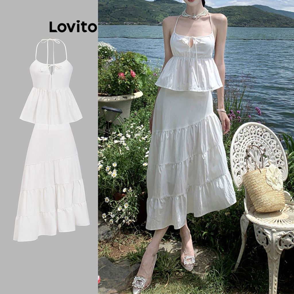 Lovito Women Boho Plain Tie Front Ruffle Hem Skirt Sets LBA79056