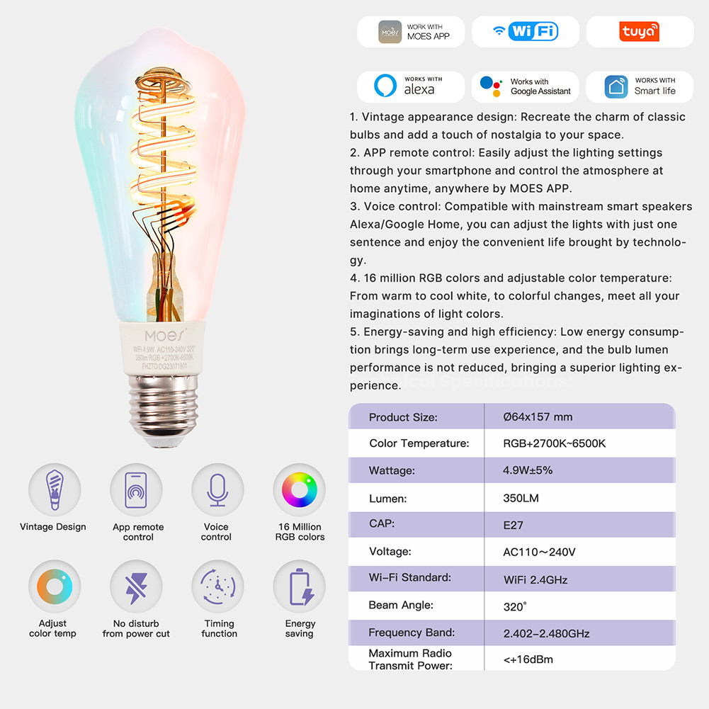 Tuya WiFi Smart ST64 Edison LED Light Bulbs 2700K 6500K LED Filament