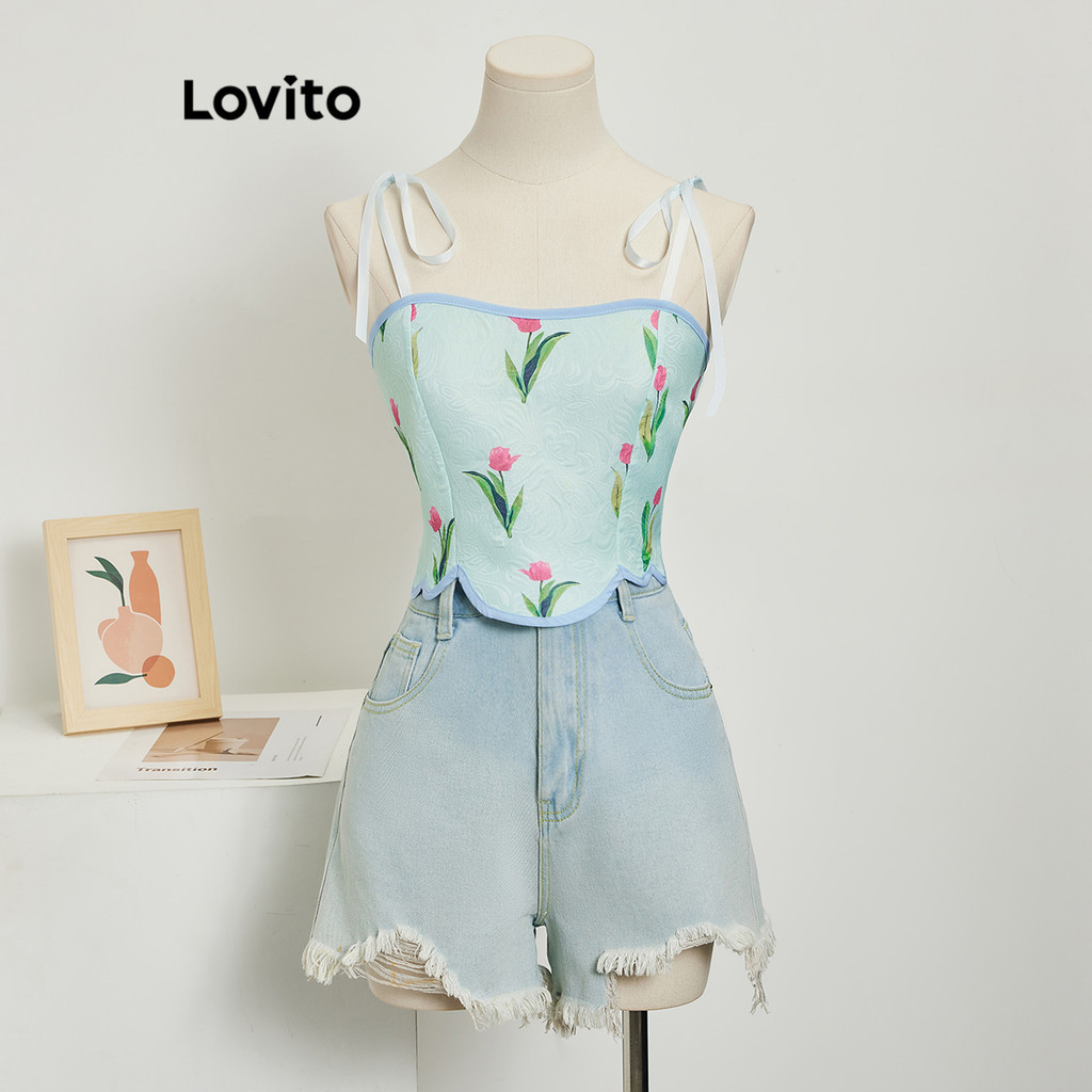 Lovito Women Casual Floral Contrast Binding Jacquard Asymmetrical Camis