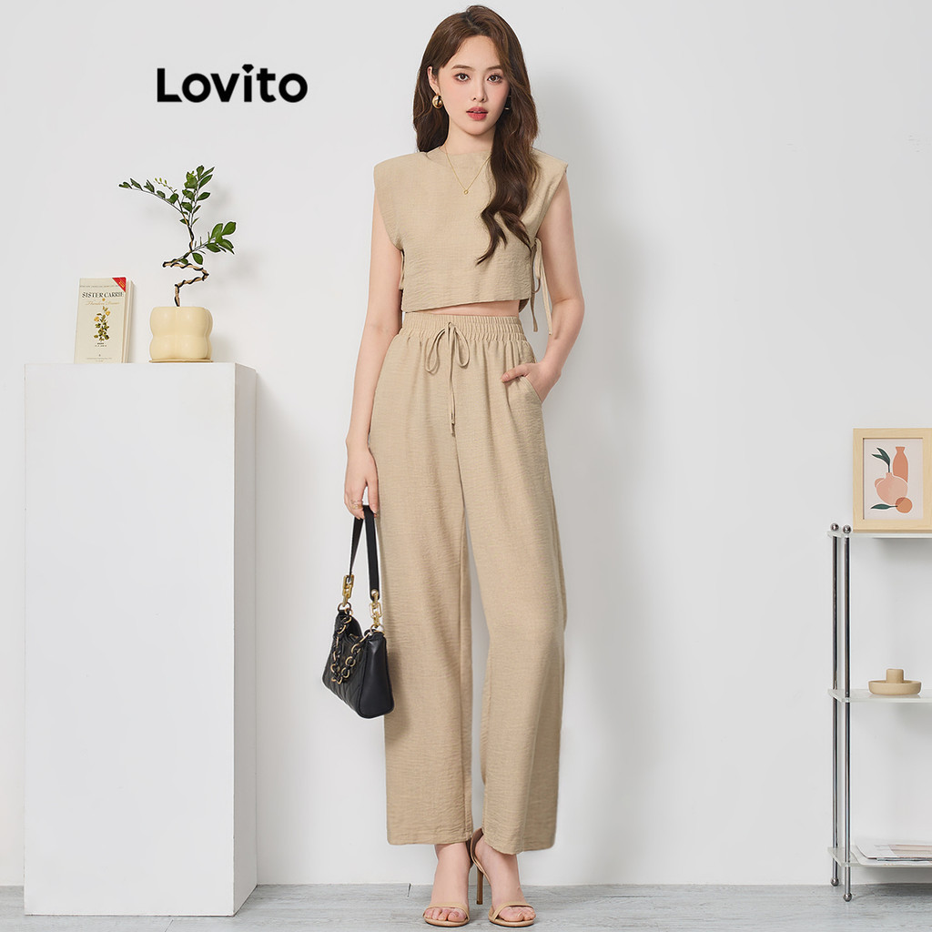 Lovito Women Casual Plain Lace Up Pants Sets Lnl Shopee Philippines