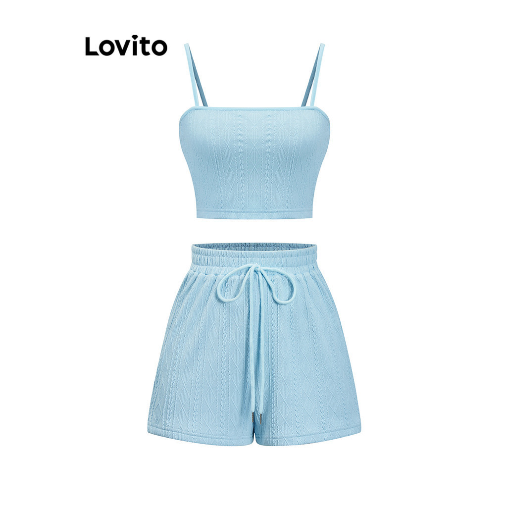 Lovito Women Casual Plain Lace Up Bow Textured Fabric Shorts Sets