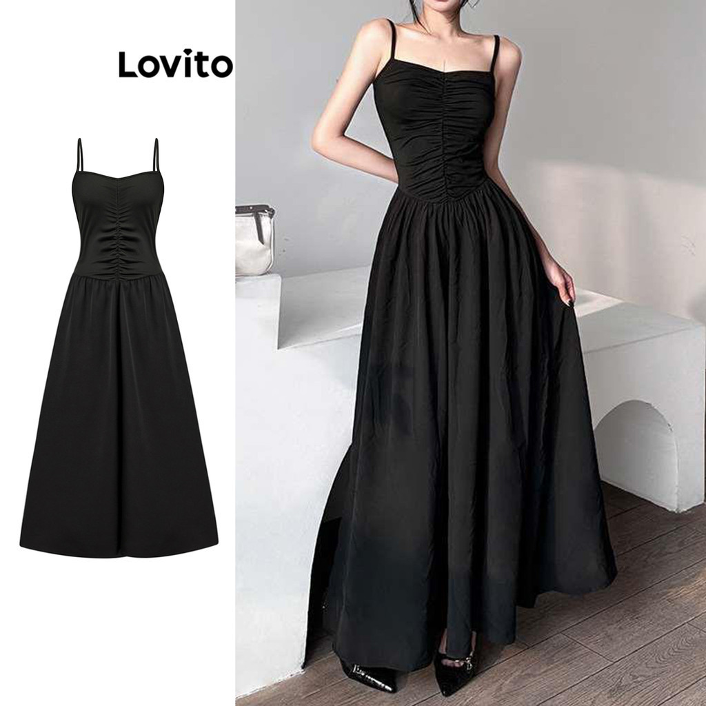 Lovito Women Elegant Plain Ruched Dress L Ed Shopee Philippines