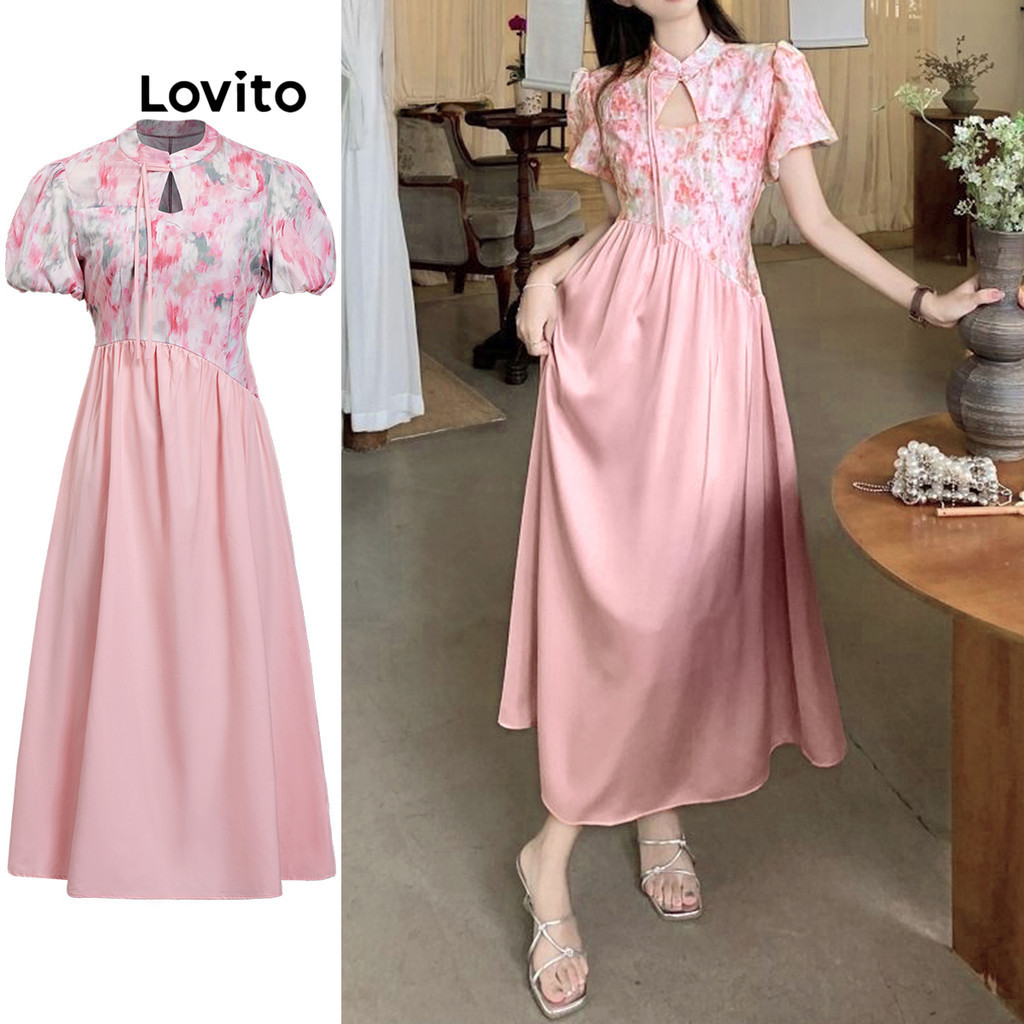 Lovito Women Casual Ditsy Floral Fabric Stitching Colorblock Button