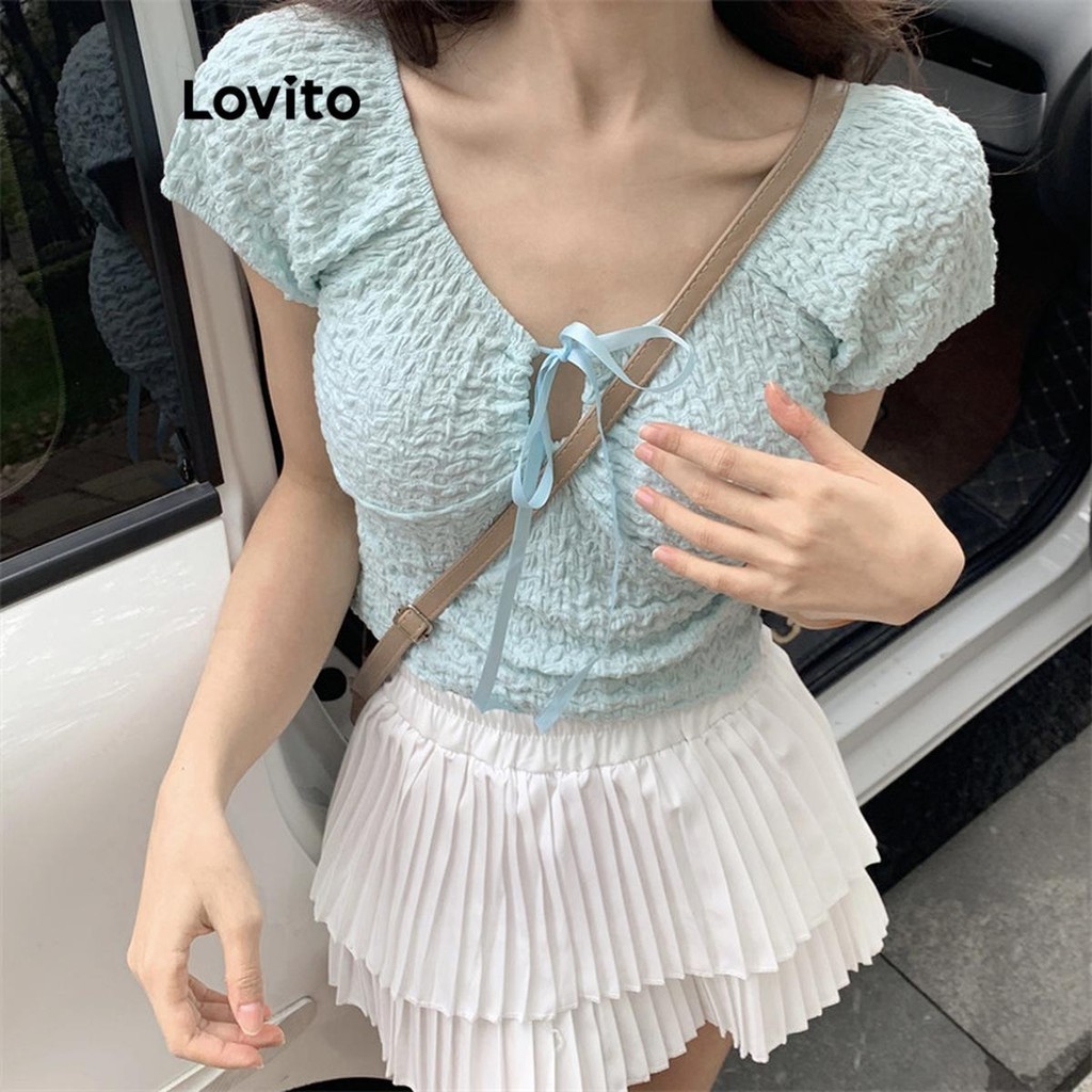 Lovito Women Cute Plain Lace Up Soft And Comfortable T Shirt LNE54339