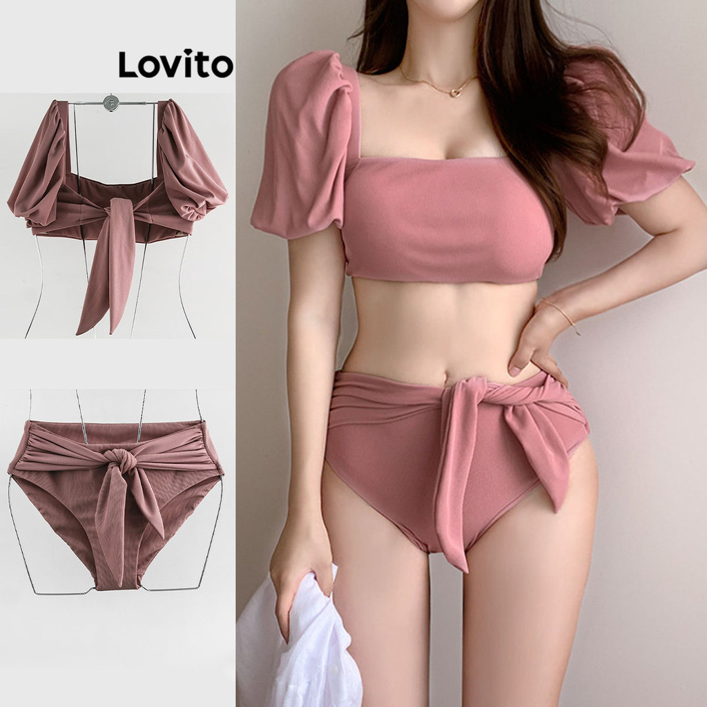 Lovito Women Sexy Plain Knot Pleated Tie Back Bikini Sets LNE