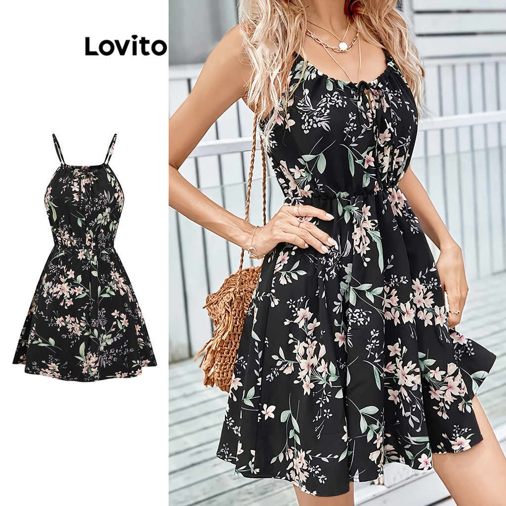 Lovito Women Boho Ditsy Floral Lace Up Pattern Dress L Ed Shopee