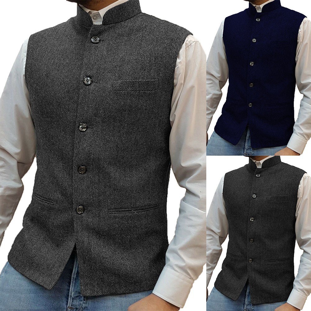 Heaven STOCK Mens Retro Suit Stand Collar Waistcoats Vintage Tweed