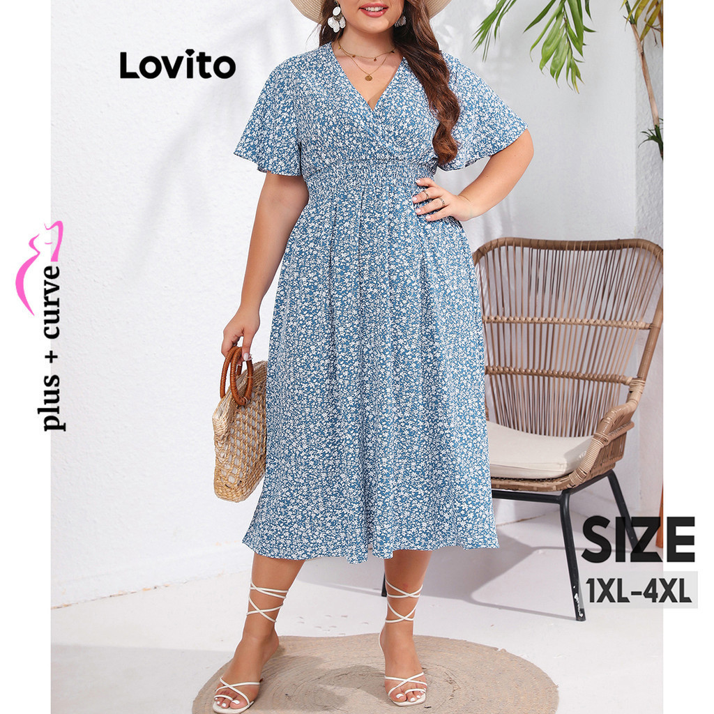 Lovito Women Plus Size Curve Casual Ditsy Floral Ruched Dress LNL37122