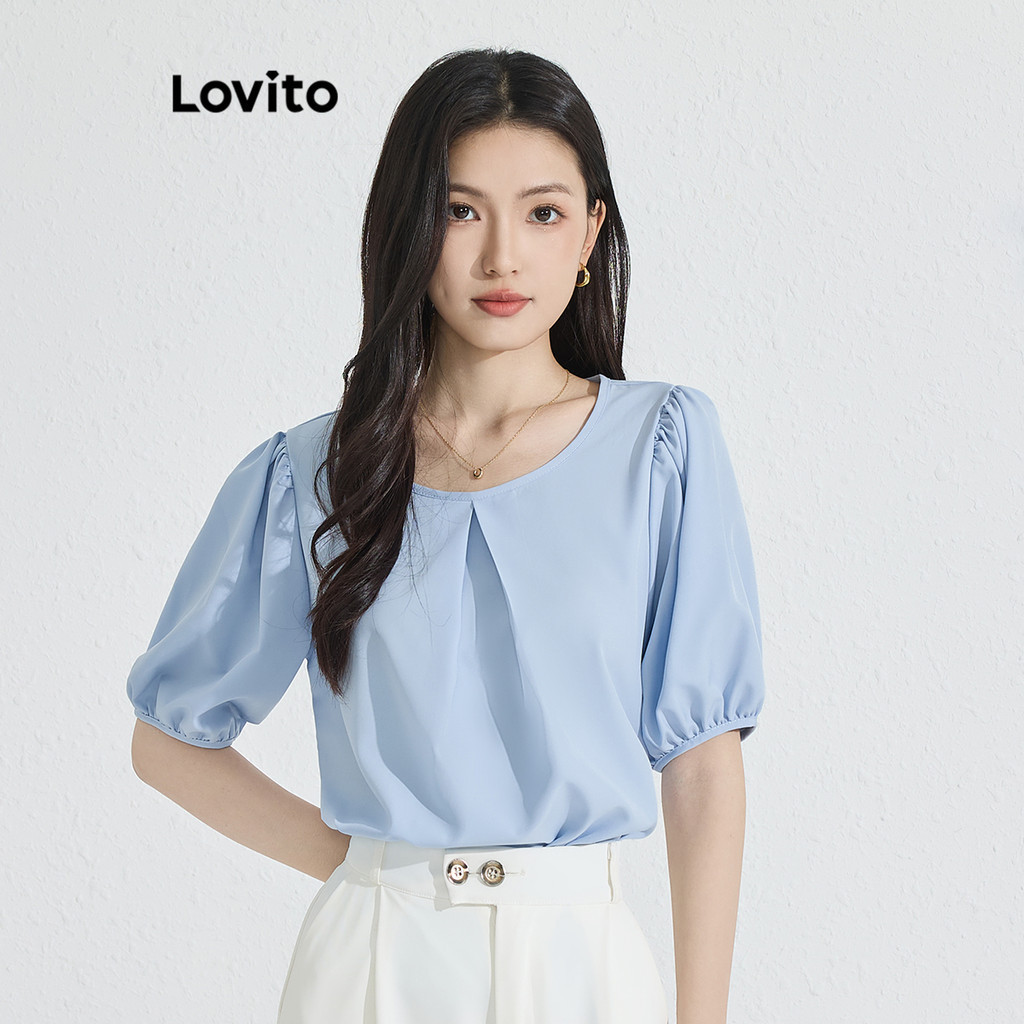 Lovito Women Elegant Plain Pleated Puff Sleeve Blouse L Ed Shopee