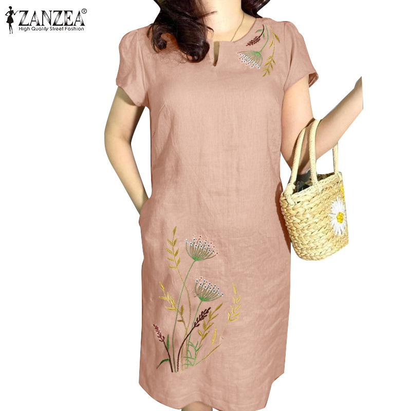 ZANZEA Women Vintage Daily V Neckline Casual Embroidered Short Sleeved