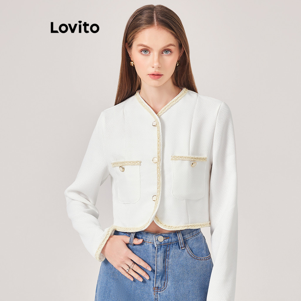 Lovito Women Casual Plain Contrast Binding Button Jacket L71ED074