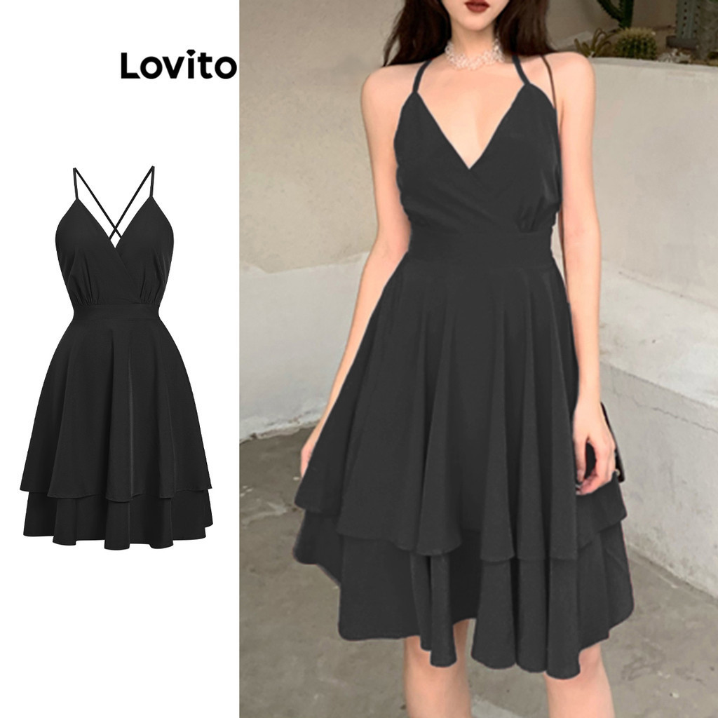 Lovito Women Casual Plain Tie Back Bow Double Layer Dress L Ed