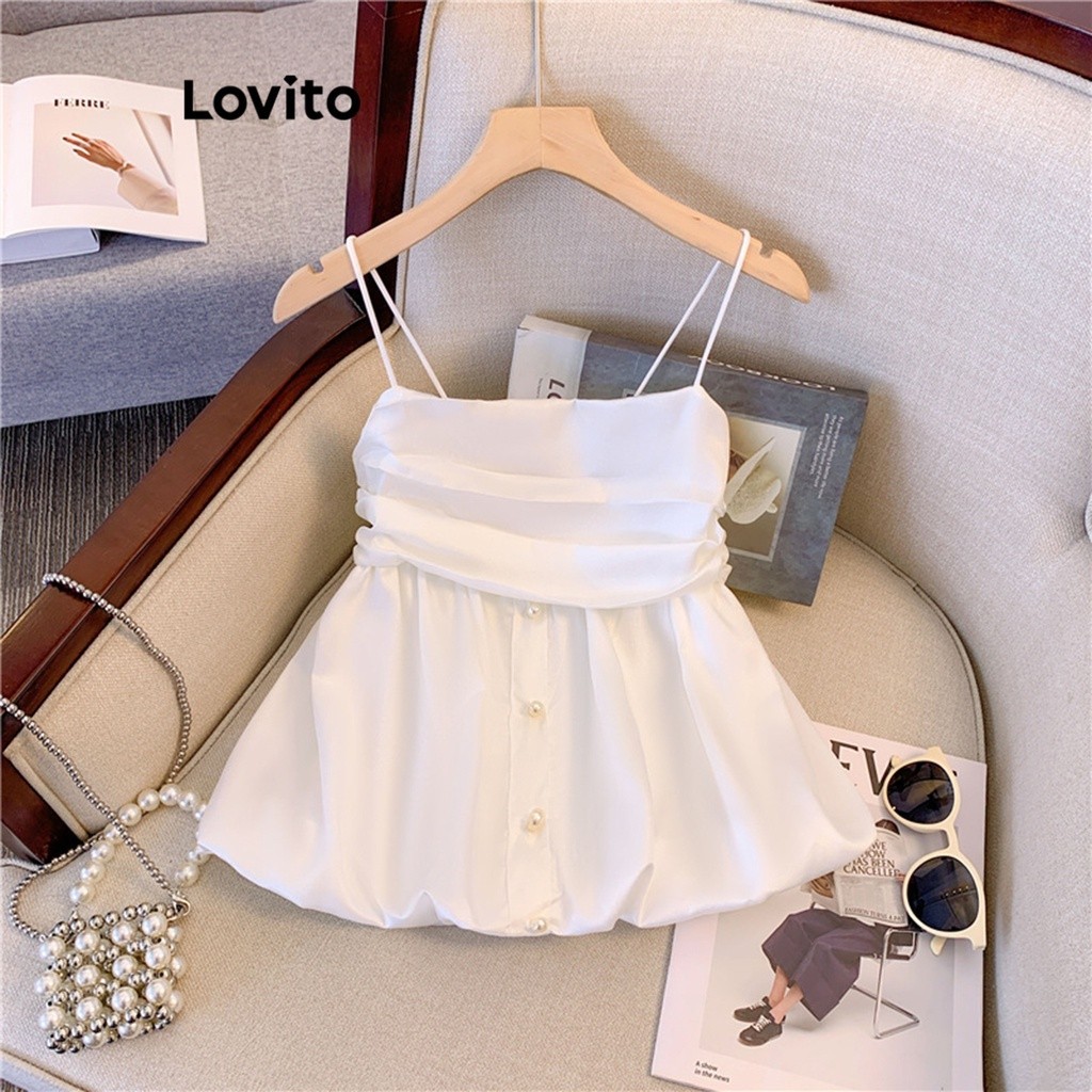 Lovito Women Casual Plain Pearls Button Front Ruched Tank Top Lne