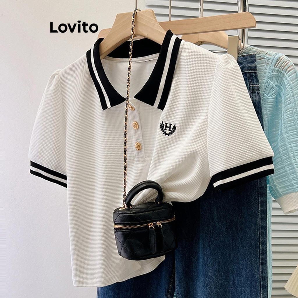 Lovito Women Casual Plain Contrast Binding Embroidery T Shirt LNE40572