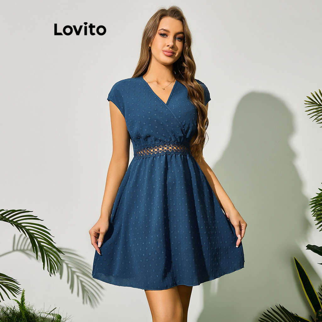 Lovito Women Boho Polka Dot Lace Cut Out Zip Back Fastening Dress