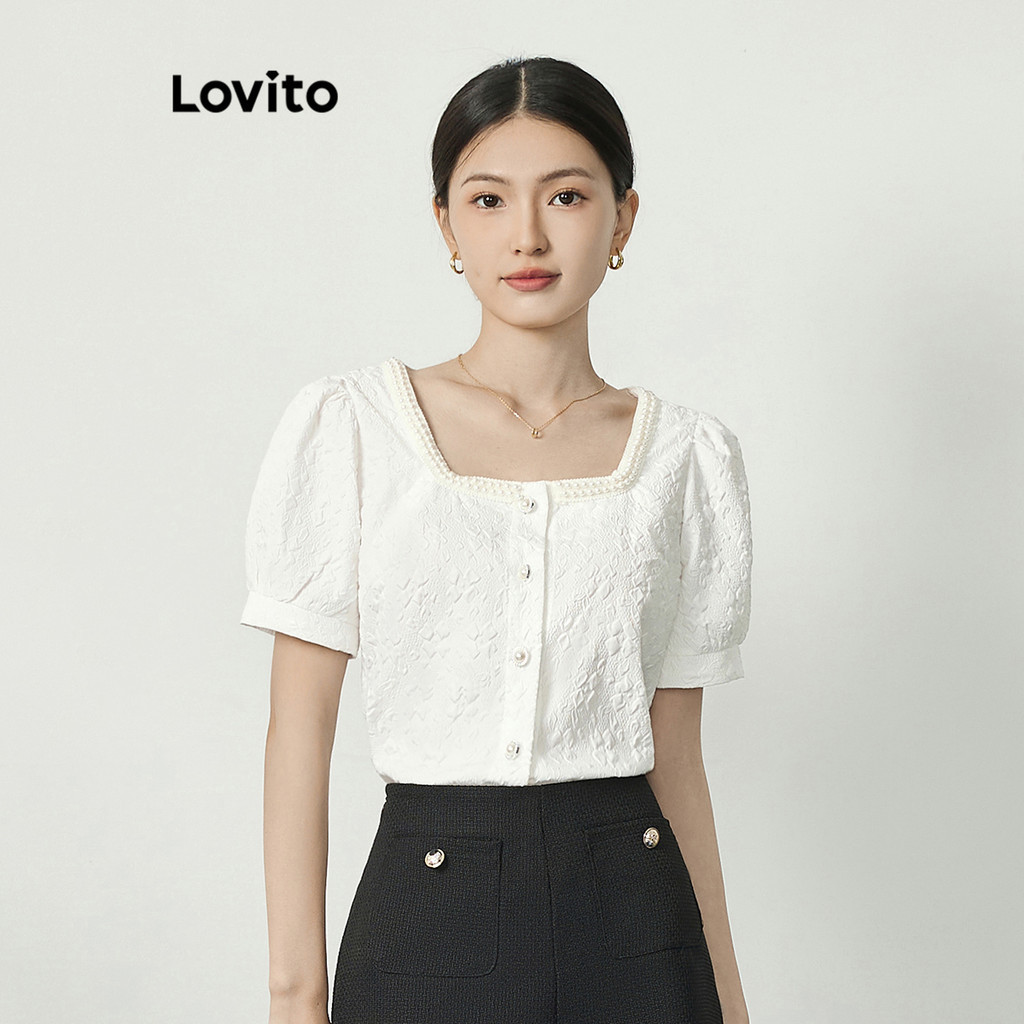 Lovito Women Casual Plain Pearls Jacquard Puff Sleeve Blouse L77ED025