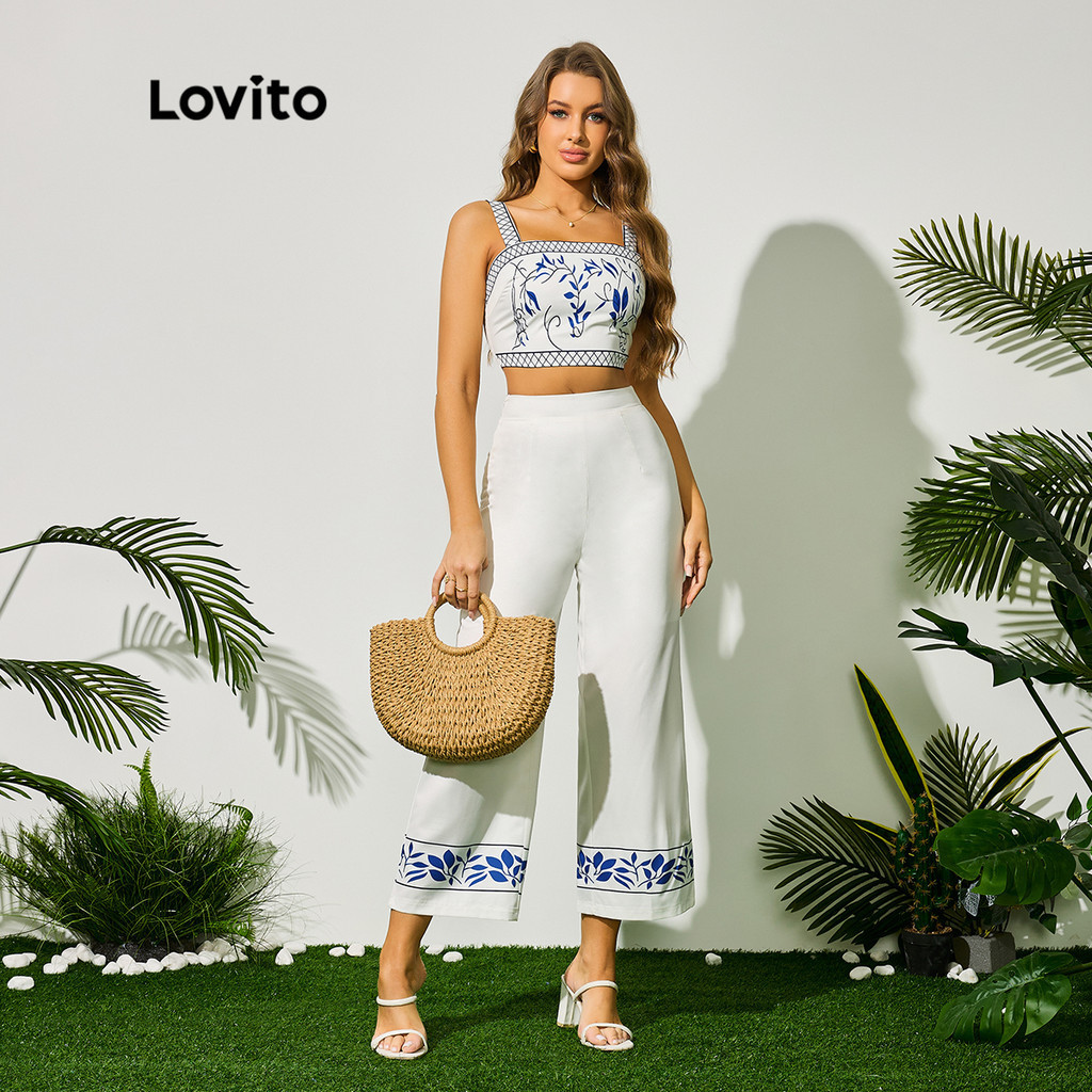 Lovito Women Boho Tribal Print Zipper Side Zip Pants Set LBL09309