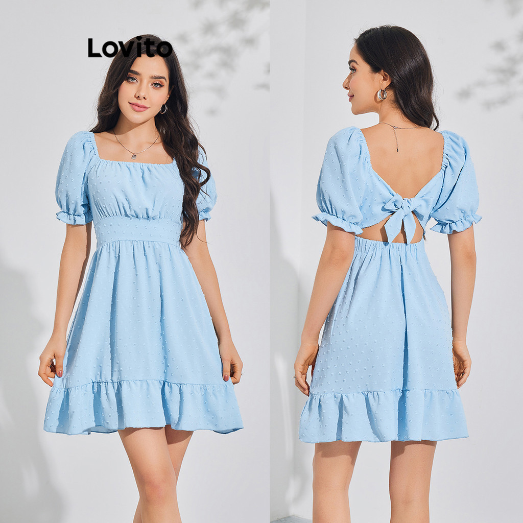 Lovito Women Boho Plain Bow Back Ruffle Hem Dress LBL08113 Shopee